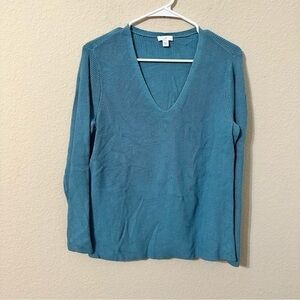 J. Jill Sweater Aqua Blue V-Neck Long Sleeve Knit Top Classic Nautical Trendy